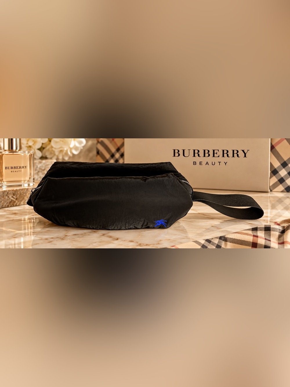 Burberry puffer pouch dark brown with Blue Embroidered Logo